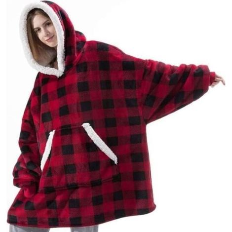 Plaid à Capuche Adulte Plaid Pull Couverture Canapé Polaire avec Manche Femme Homme avec Poches Portables TV Hiver 118x80 cm Rouge (1/4)