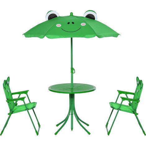 Table de pique-nique enfant pliable avec parasol réglable 100-125 cm design grenouille vert