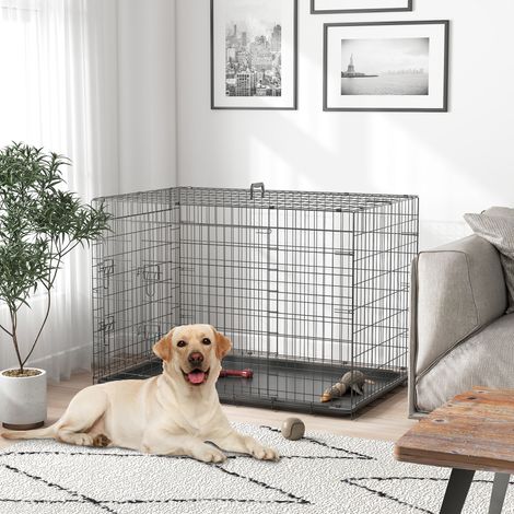 Jaula de transporte plegable de acero para perros con 2 puertas con cerradura, 121 x 77 x 82 cm, negra.
