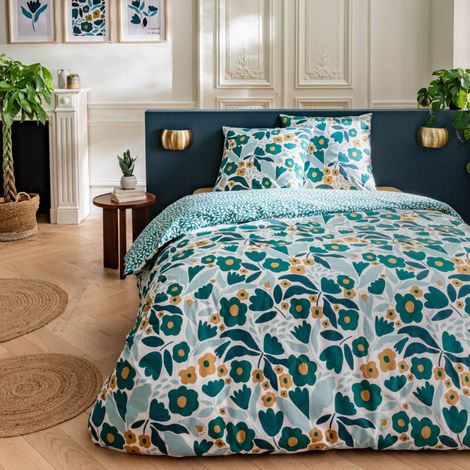 Parure de lit 2 personnes en coton 57 fils – Imprimé vert – Dimensions 240x220cm – 2 taies d'oreiller 63x63cm – (1/5)