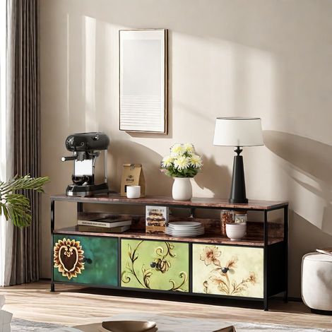 Meuble TV, meuble TV LED, structure métallique, commode, buffet, étagères et tiroirs amovibles, motif floral vintage, étagère de rangement multifonction, support réglable, tiroirs en tissu, coloré (13 (1/5)