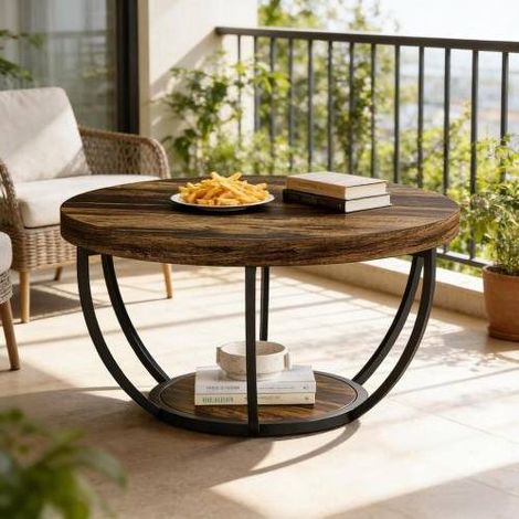 Table basse ronde 80x80x45 cm en bois et métal rustique, double niveau, pour salon FloraGrace (1/5)