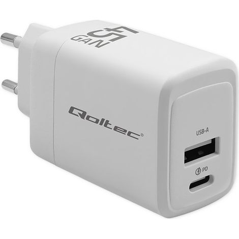 Qoltec 45W GaN-Wandladegerät 5–20 V 1,5–3 A 1 x USB-C PD 1 x USB QC 3.0 Weiß (1/5)