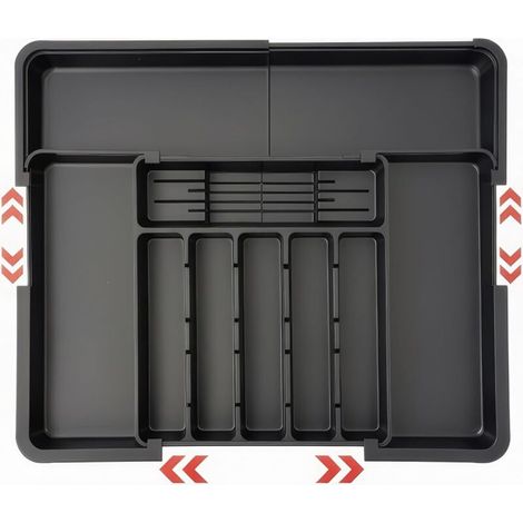 Vassoio portaposate nero, espandibile, organizer per posate da cassetto cucina con 2 blocchi portacoltelli rimovibili e 9 supporti per posate (1/4)