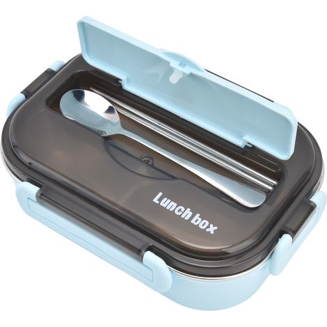 Boîte-repas Bento 1L en Acier Inoxydable 304, Compartiments Étanches, Portative et Isotherme avec Couverts pour Pique-nique - Bleu