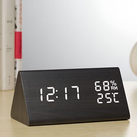 LED Réveil Électronique en Bois, Horloge Numérique avec 3 Réglages d'Alarme, Numérique Réveil Alimenté par USB Affichage de l'Heure, de la Température et de l'Humidité,12/24 Heure (1/5)