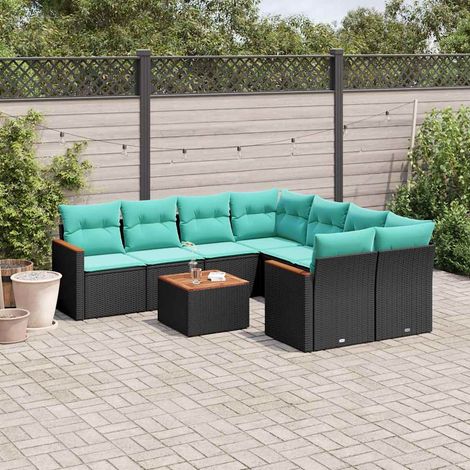 9-teiliges Gartensofa-Set mit Kissen, schwarzes Polyrattan (1/5)
