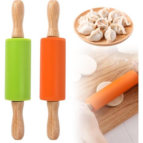 Juego de 2 rodillos profesionales, rodillo de silicona para niños, no tóxico, ecológico, rodillo de madera, apto para niños y adultos - Verde/Naranja (1/5)
