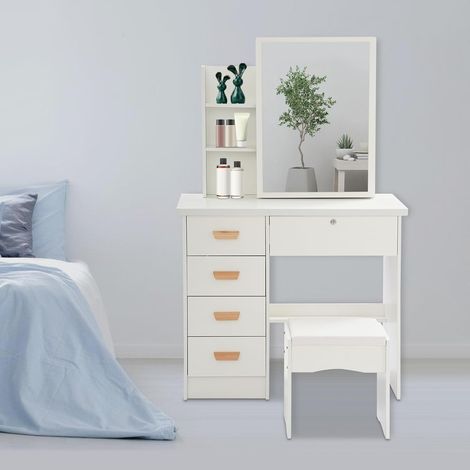 Schminktisch mit Stuhl Freistehend Schmink Tisch Modern Schminktischs 80 × 35 × 128cm Frisiertisch mit 5 Schubladen, Spiegel, 2 Schlüssel Bis 100KG Frisier Tisch für Häuser (Weiß)