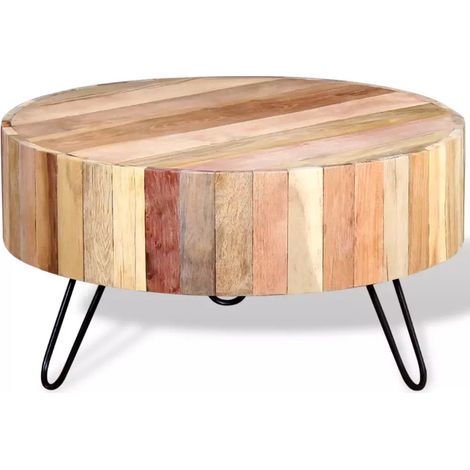 Table basse ronde bois massif clair recyclé et métal noir Inah (1/3)