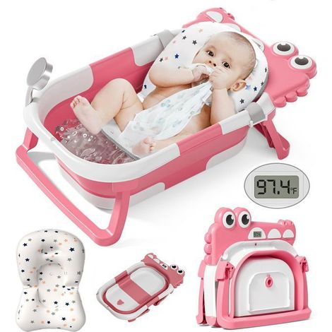 Baignoire bébé pliable portable – Thermomètre intégré, coussin flottant, drainage – Voyage – pour bébés de 0 à 36 mois, Rose (1/5)