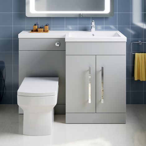 ELEGANT 1100mm L Shape Bathroom Vanity Sink Unit Furniture Storage,Right Hand Matte Grey Vanity unit + Basin + Ceramic Square Toilet with Concealed Cistern (1/5)