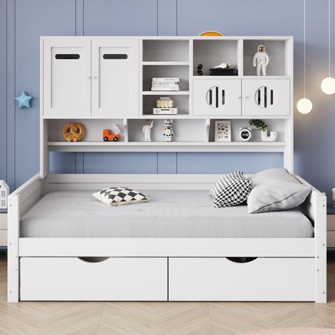 Cama juvenil de madera con almacenaje y cajones blanca OKMYHOME (1/5)