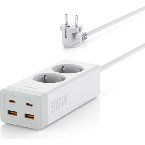 Multiprise 6 en 1 USB C PD 30W, 2 Prises AC 4 Ports USB, Blanc, Charge Rapide, Parafoudre 3600W 16A, Rallonge de 2 Mètres, Prise Multiple pour Bureau (1/5)
