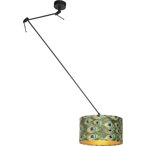 Pendant Light Black with Velvet Peacock Lampshade with Gold 35 cm - Blitz