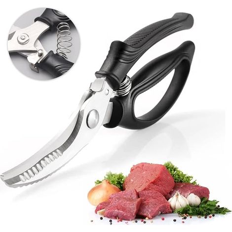 Scharfe Geflügelschere aus Edelstahl mit Verriegelungsgriff, rutschfestem Kunststoffgriff und Feder, auch für Fisch, Gemüse und Grillgut geeignet. (1/5)