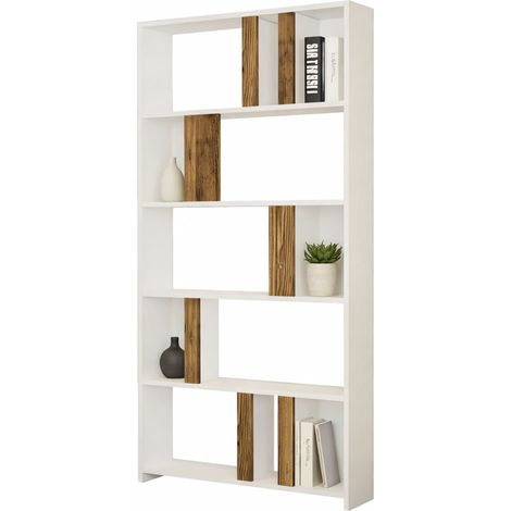 Libreria Tribogna, Biblioteca 4 Ripiani, Installazione Libera, Sfumatura Colore Struttura Noce, 90x20x180h cm Bianco