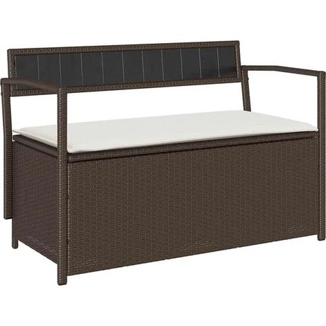 Banc de rangement de jardin avec coussins marron, en résine tissée. (1/5)