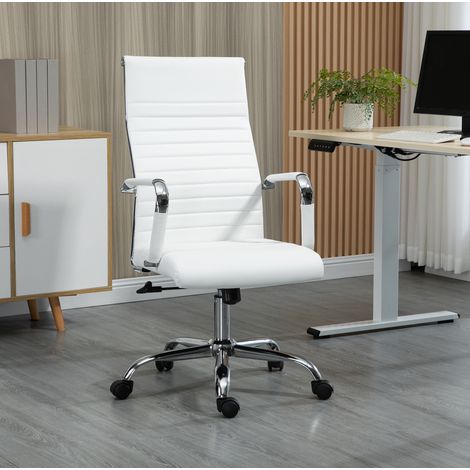 Chaise de bureau 54x62x104-114 cm blanc en cuir synthétique avec roulettes 360° et fonction bascule (1/5)