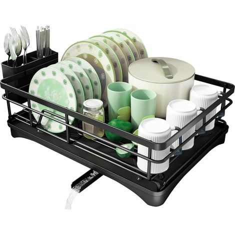 Escurridor de un solo nivel para colocar sobre el fregadero, de acero inoxidable negro, con boquilla giratoria de 360° y tapa.