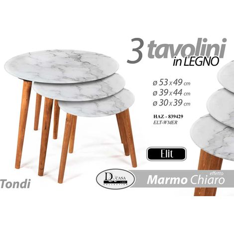 Set de 3 tables gigognes en bois avec finition effet marbre clair, Ø 53 x H 49 cm, Ø 39 x H 44 cm, Ø 30 x H 39 cm