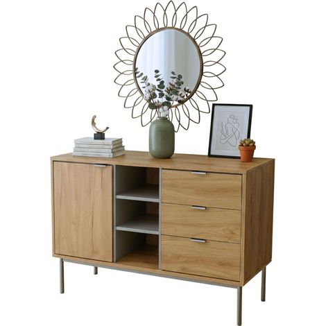 Aparador 3 Cajones, Buffet Salón, Armario Auxiliar Sforza Salón Comedor Roble Natural 120x75x40 cm