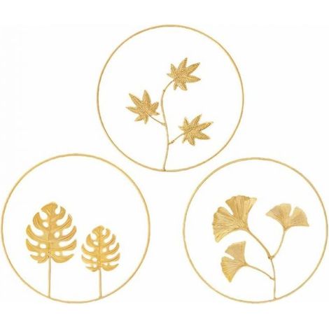 3Pcs Iron Wall Sculptures Round Metal Wall Decor Gingko Biloba Art Flowers Wall Decor Ornament for Living Room Kitchen Home Hotel Bedroom (Golden) (1/5)
