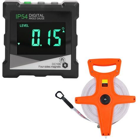 Medidor de ángulo digital, mide 4 x 90 grados, nivel electrónico, pantalla LCD retroiluminada, inclinómetro digital IP54 y cinta métrica plegable de 100 m. (1/5)