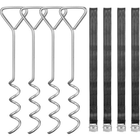 Kit d'Ancrage pour Trampoline, Lot de 4 Piquets de Trampoline Galvanisés et Robustes, avec Sangle à Cliquet Réglable et Boucle en Métal, Longueur env. 40 cm (1/5)