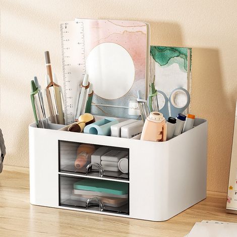 Organisateur De Stylos - Boîte De Rangement Pour Bureau Avec 2 Tiroirs Et 5 Compartiments - Blanc - 19,5 x 14 x 10 cm - 1 Pièce (1/5)