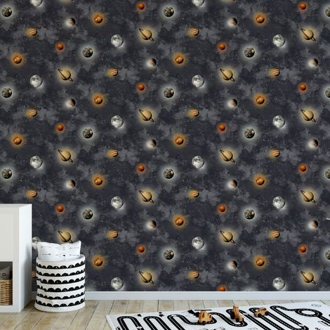 Papier peint intissé Planètes de l'espace 1000 x 53cm Bleu nuit, orange, gris (1/5)