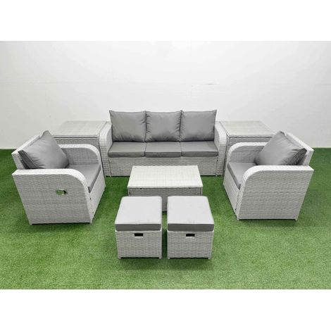 Fimous PE Rattan Garden Furniture Set Reclining Chair Sofa Lounge Sofa Set Oblong Coffee Table 2 Side Table 2 Small Stools Light Grey (1/4)