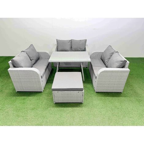 Fimous Rattan Garden Furniture Dining Set 7-seater Patio Rectangular Table Love Sofa Set with Big Stool (1/4)
