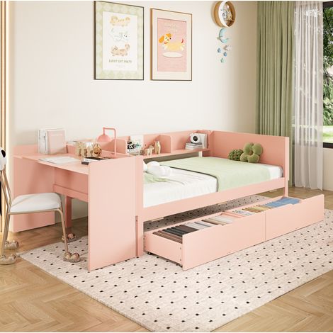 Lit simple 90x200 cm avec bureau, 2 tiroirs et étagères, pin et panneau, rose (1/5)