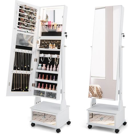 Armoire à bijoux blanche 3 en 1 en MDF avec miroir intégral, LED 3 couleurs et roulettes pour chambre, dressing et salon (1/5)