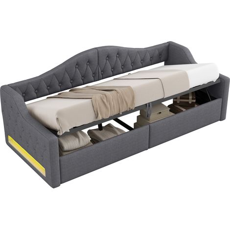 Cama Diván 90 x 200 cm de MDF con Arcón, LED Ajustable y Cabecero Tapizado, sin Colchón, Gris (1/5)