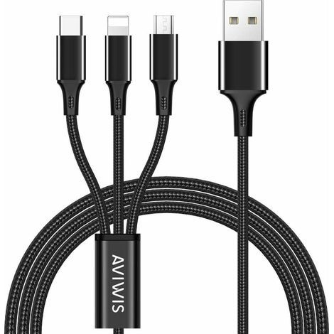Câble Multi USB,3 en 1 Multi Chargeur USB Câble en Nylon Tressé avec Micro USB Type C Connecteurs pour Smartphones, Tablettes, OnePlus, LG, Kindle, PS4 et Plus - Noir 1.2m (1/3)
