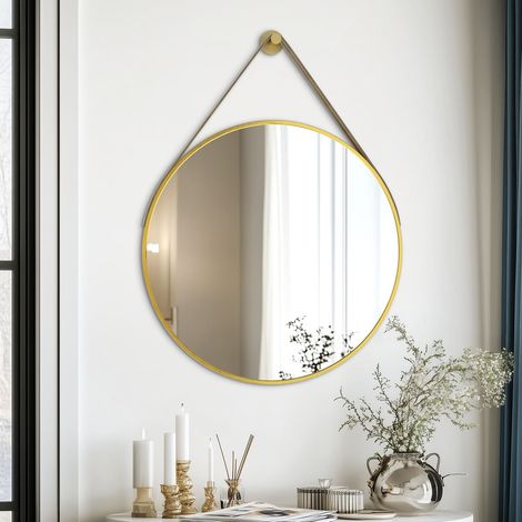 Gold Round Wall Mirror Bathroom Bedroom Makeup Dressing Leather Strap Hanging Mirror - 80cm (1/5)