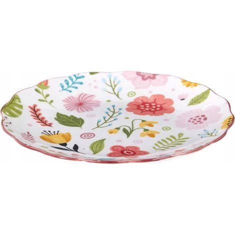 Plato llano de porcelana, colorido, con estampado floral, 21 cm, 1 unidad.