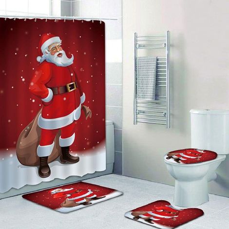 Ensemble de 4 décorations de Noël pour salle de bain : housse de siège de toilette, tapis, rideau de douche, Père Noël, renne, bonhomme de neige.