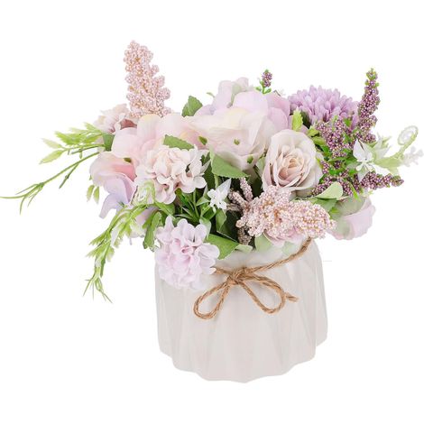 Branche de rose artificielle verte en soie, buisson de verdure simulée pour décoration intérieure, plante en pot avec vase, bonsaï artificiel élégant, fleur factice violette, ensemble de 1 pièce, déco (1/5)