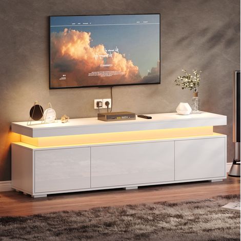 Mobile TV 150x35x43 cm, a 3 ante, con luci LED, vani interni, pannello lucido, truciolato bianco (1/5)
