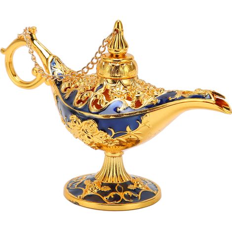 Lampe Génie Vintage Décoration de Collection Rare Petite Alliage de Zinc Légende Génie Lumière Or Saphir Bleu (1/5)