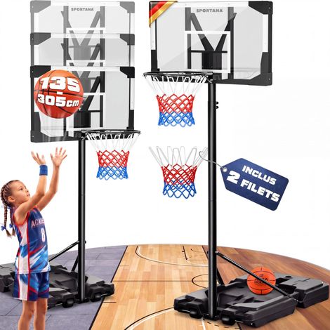Panier de Basket Extérieur sur Pied Réglable 135–305 cm, Panneau Résistant aux Intempéries, Anneau Ø45 cm avec Amorti, Socle XL 60 kg avec Roulettes, Panier de Basket Enfant & Adulte