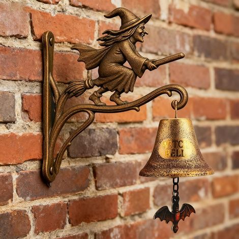 Cloche porte vintage fonte Halloween – sorcière murale avec balai, décoration extérieure
