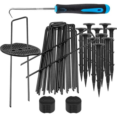 50 Piles de Film de Désherbage en U en Acier Inoxydable + 10 Pieux de Jardin Fixes en Tissu Plastique + 20 Rondelles de Rembourrage + 1 Crochet, Clôture de Jardin, Noir (1/5)