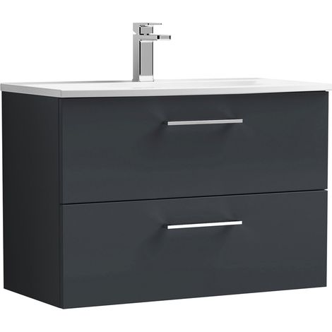 Nuie Arno Satin Soft Black 800mm Wall Hung 2 Drawer Vanity Unit and Curved Ceramic Basin - ARN1426G (1/4)