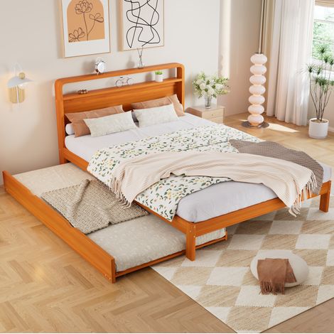 Letto in legno 140x200 cm naturale con letto estraibile 90x190 cm e testiera arrotondata (1/5)