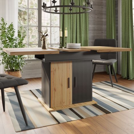 Ausziehbarer Esstisch 110-140 x 80 cm mit Stauraum, MDF und Metall, schwarz/natur HAVRYA (1/5)