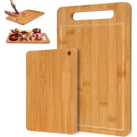 QuickShopping, 2 tablas de cortar de bambú de 33 x 22 x 1,2 cm y 22 x 15 x 1 cm, Tabla de cocina madera doble cara ranura jugos cortar preparar (1/5)